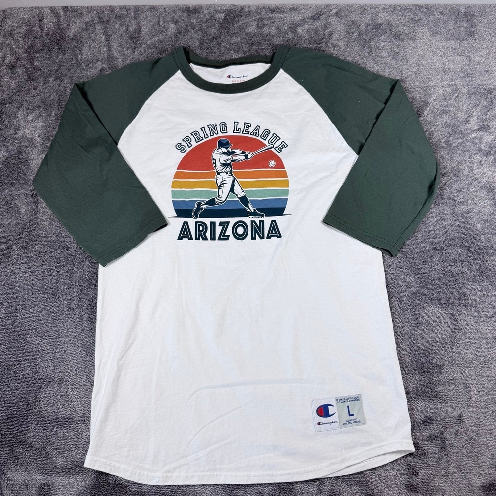 Champion Arizona Spring League Baseball Raglan Tee Shirt Green White Mens L